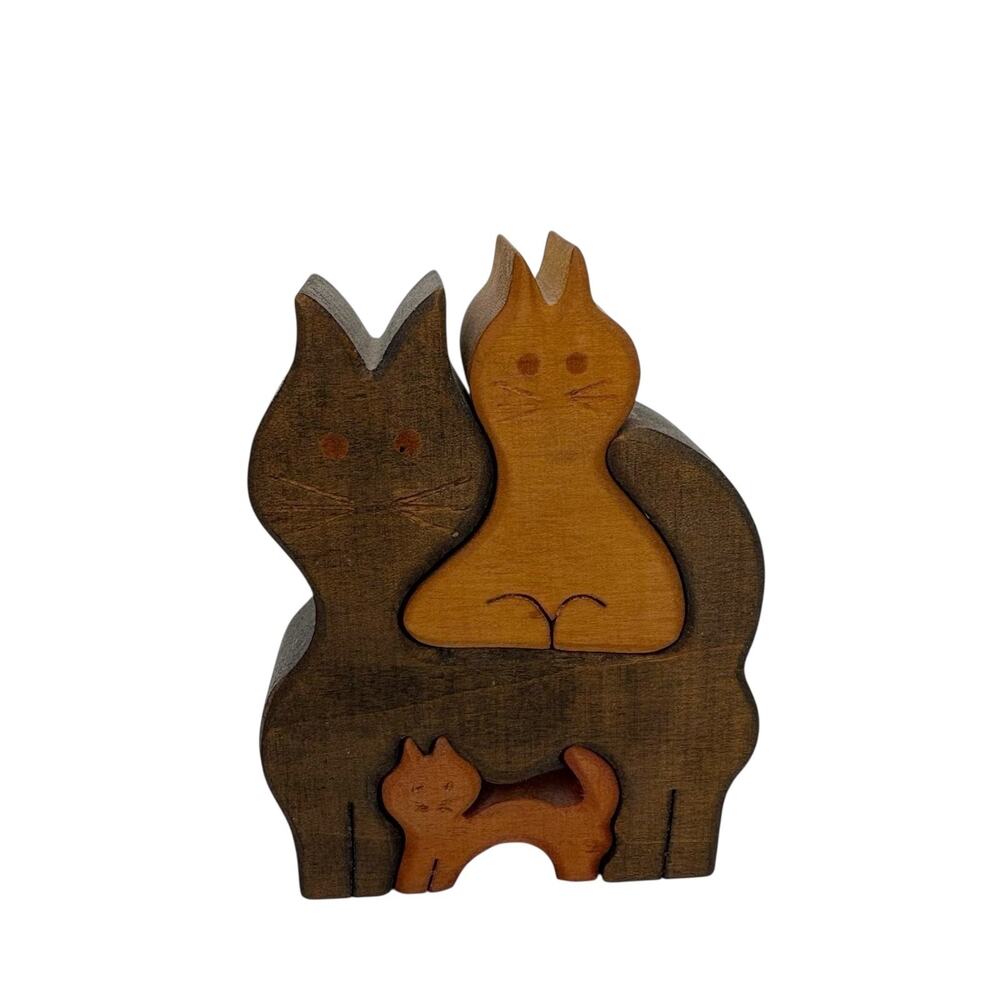 Wooden Cat Family Puzzle Figurines Handcrafted Wood Cats Nesting Set